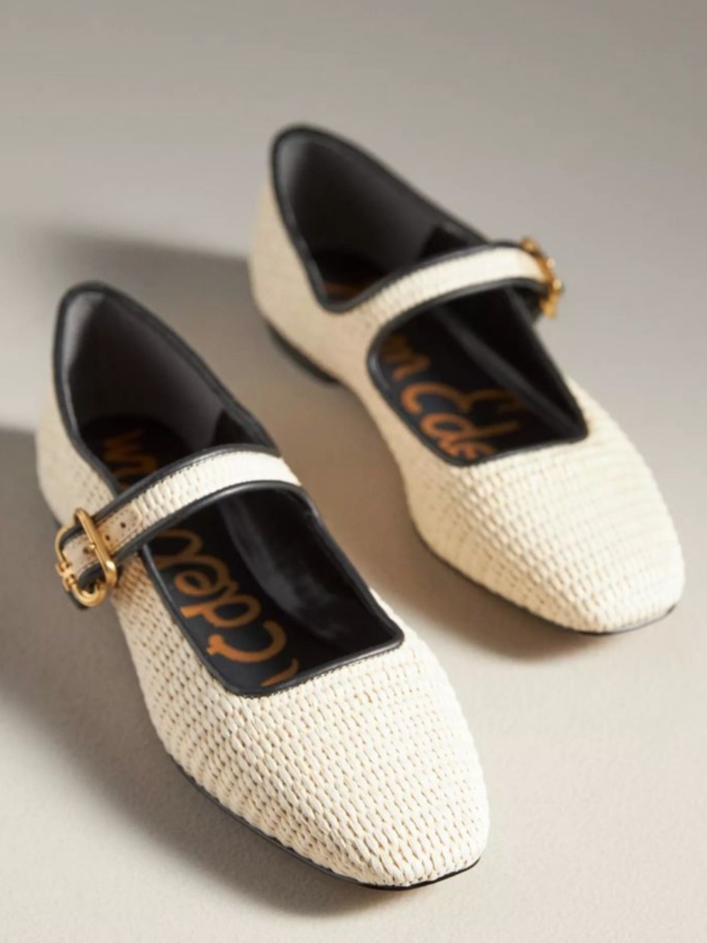 Sam Edelman Michaela Raffia Mary Jane Flats - Linen Ivory/Black